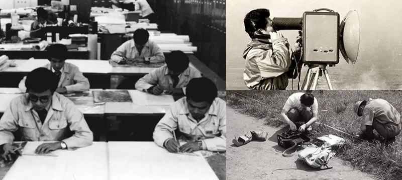 製図や海洋水深測量、地質課の作業の様子の写真