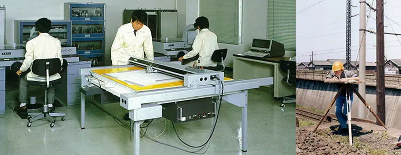 解析図化機や平板測量の作業写真