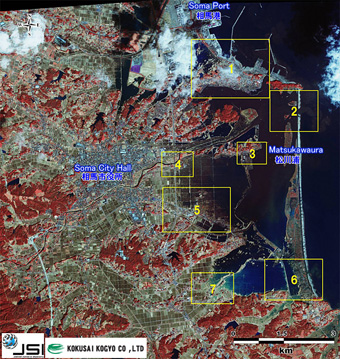 Devastation in Soma City by satellite imagery (false color)