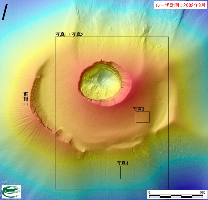 航空機レーザ計測による浅間山山頂火口周辺の地形（2002年8月）（カラー陰影図：赤色は標高が高い～青色は標高が低い）