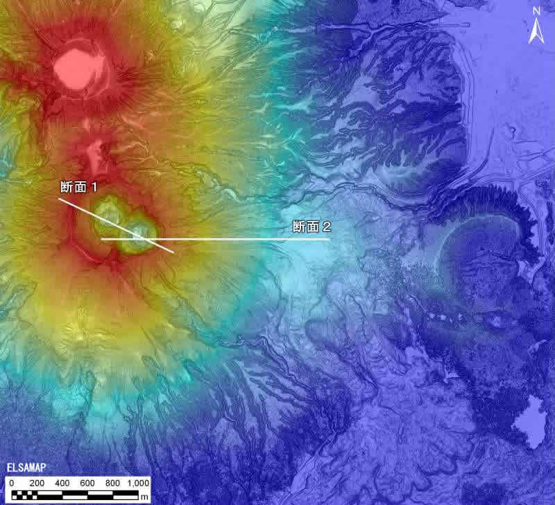 桜島南岳火口周辺の断面図