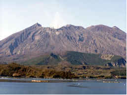 現地写真4(2006年2月5日撮影)現地写真3の拡大。手前に見える溶岩は大正溶岩。南岳手前の丘は鍋山軽石丘。