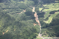 平成22年7月 山口県下関市 豪雨災害　斜め写真　菊川町道市地区１：沢沿いに土石流が発生し、道路面まで谷を埋めている。