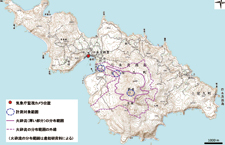 調査位置および5月29日の火砕流分布図<br />火砕流の分布範囲は産業技術総合研究所が公開した資料による。背景は国土地理院の5万の1地形図：口永良部島を使用