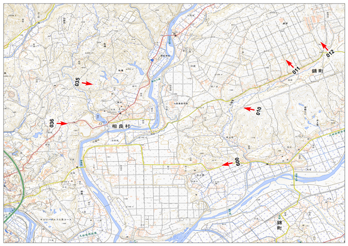 7月8日撮影　標定図　川辺川流域周辺（熊本県錦町～相良村～五木村）