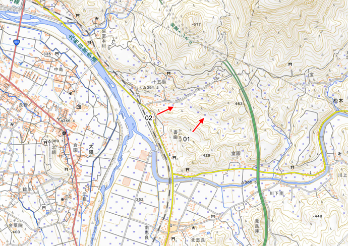 7月16日撮影　標定図　大分自動車道　岩室トンネル付近（九重側方面）被災状況