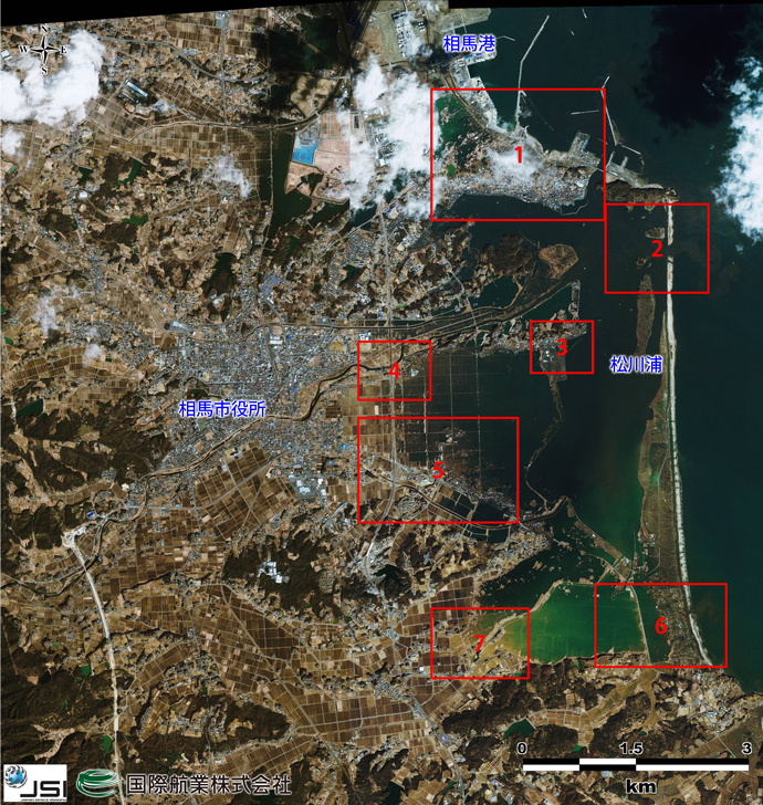 高分解能衛星画像による相馬市の被災状況（トゥルーカラー）