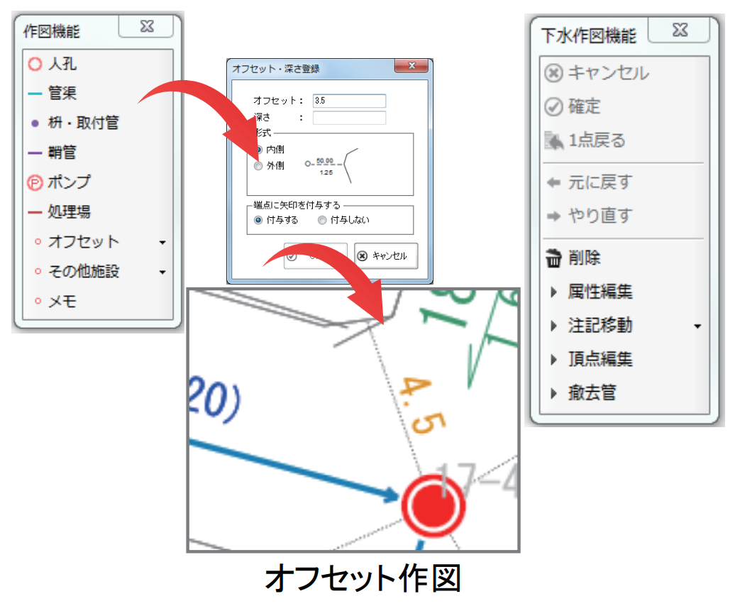 下水道に特化した作図・編集機能