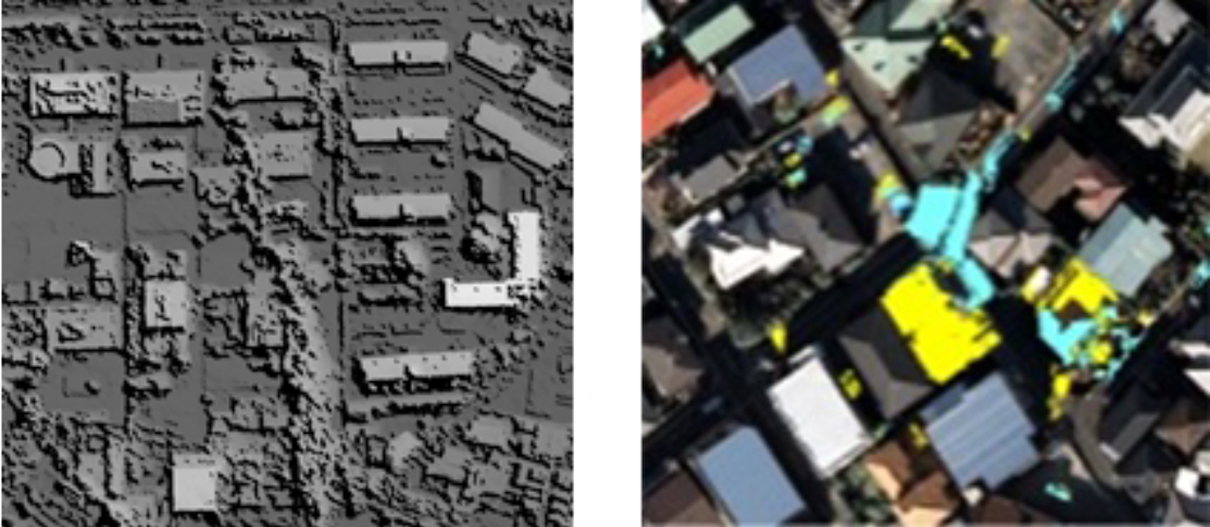２時期の航空写真画像を重ねた異動箇所のイメージ　（右）カラー画像　（左）白黒画像