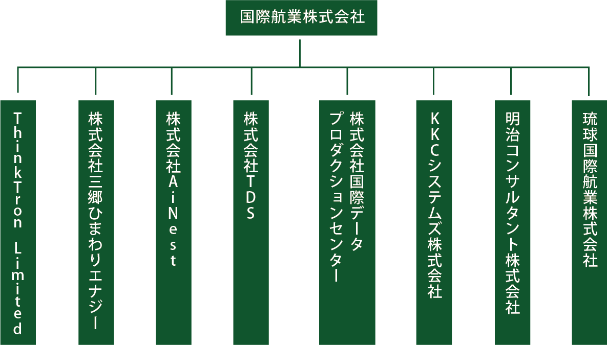グループ体制図(国際航業株式会社の子会社として、琉球国際航業株式会社、明治コンサルタント株式会社、KKCシステムズ株式会社、株式会社国際データプロダクションセンター、株式会社TDS、株式会社AiNest、株式会社三郷ひまわりエナジー、Think Tron 
 Limitedがある)