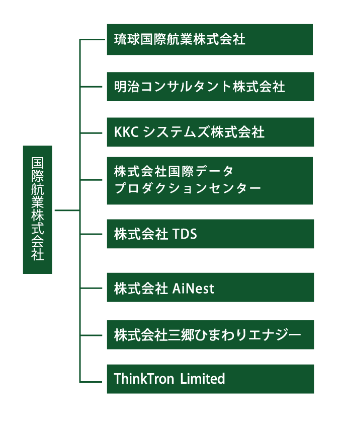 グループ体制図（国際航業株式会社の子会社として、琉球国際航業株式会社、明治コンサルタント株式会社、KKCシステムズ株式会社、株式会社国際データプロダクションセンター、株式会社TDS、株式会社AiNest、株式会社三郷ひまわりエナジー、Think Tron 
 Limitedがある）