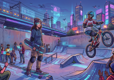 未来都市のネオン輝くスケートパークで遊ぶ、光るスケートボードを持つ女性とBMXに乗る男性のサイバーパンク風イラスト。ドローンが飛び交う空、高架の未来列車、そして観客たちの様子が、テックな文脈で描かれている。