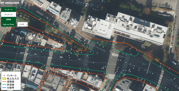提供画像イメージ（道路、歩道の境界線の高精度な形状データ、マンホールの位置と標高値）