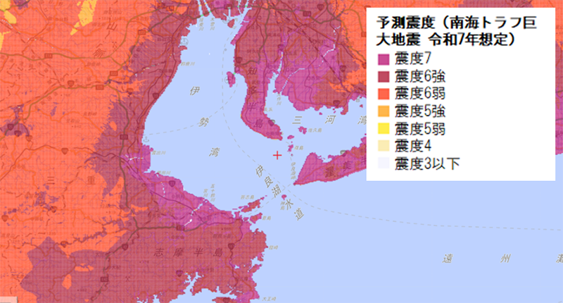 南海トラフ巨大地震の令和7年想定による予測震度分布図。伊勢湾、三河湾、志摩半島を中心とした地図で、沿岸部の広い範囲が紫色の「震度7」や赤紫色の「震度6強」で塗りつぶされています。凡例には震度7から震度3以下までが色分けで示されており、愛知県や三重県の沿岸部において極めて激しい揺れが予測されていることを示すハザードマップです。