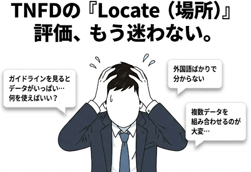 「TNFDの『Locate（場所）』評価、もう迷わない。」というキャッチコピーと、頭を抱えて悩むビジネスパーソンのイラスト。周囲には「ガイドラインのデータが多く何を使うべきか」「外国語ばかりで分からない」「複数データの組み合わせが大変」という3つの悩みの吹き出しがあり、TNFDの実務担当者が直面する課題を表現しています。